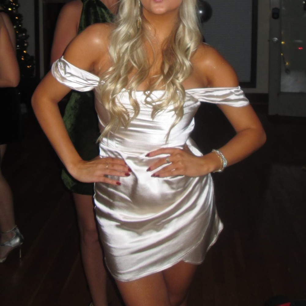 Selfie Leslie Off The Shoulder Satin Mini Dress in champagne